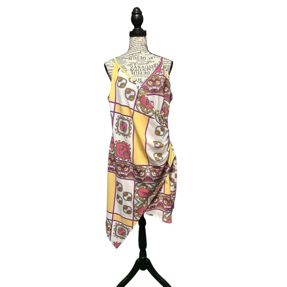 Venus Womens Funky Print Asymmetrical Wrap Mini Dress Pink White Size XL Retro - Picture 1 of 9